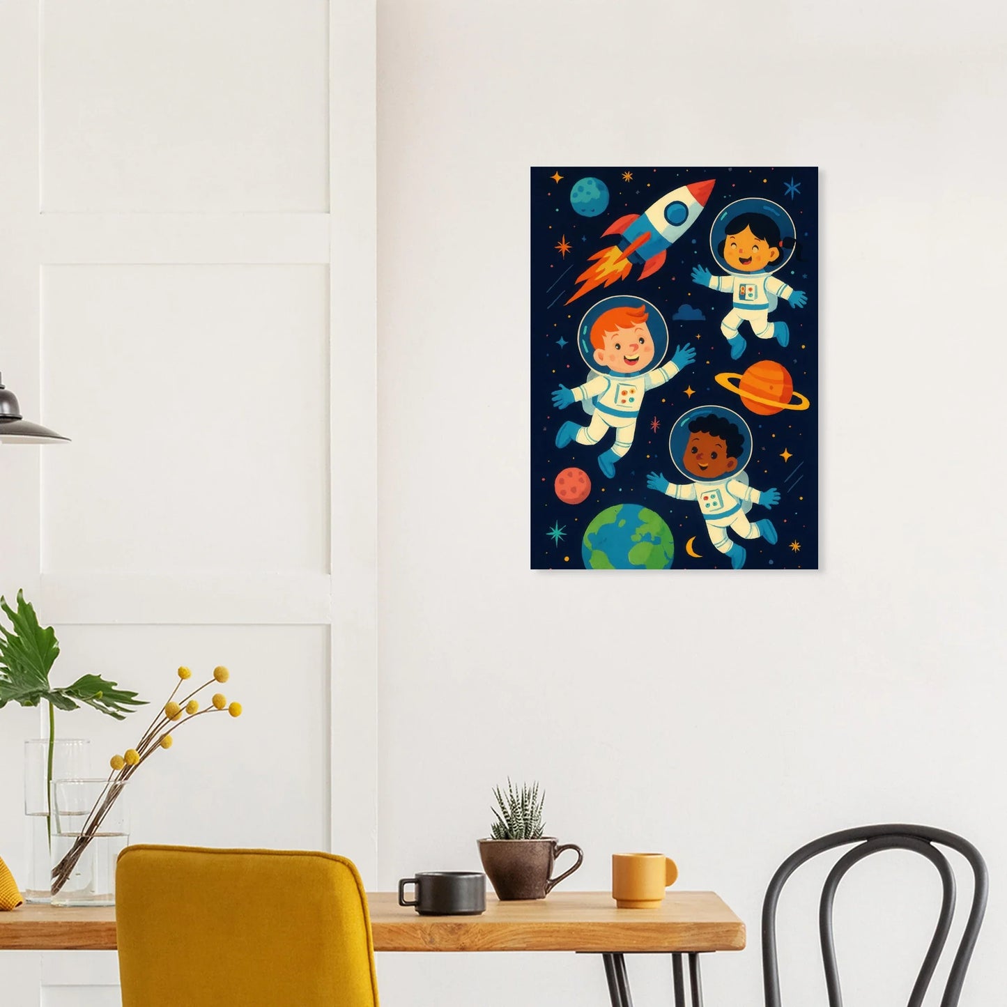 Barnens Rymdäventyr: En Lekfull Konstposter för Små Stjärnforskare