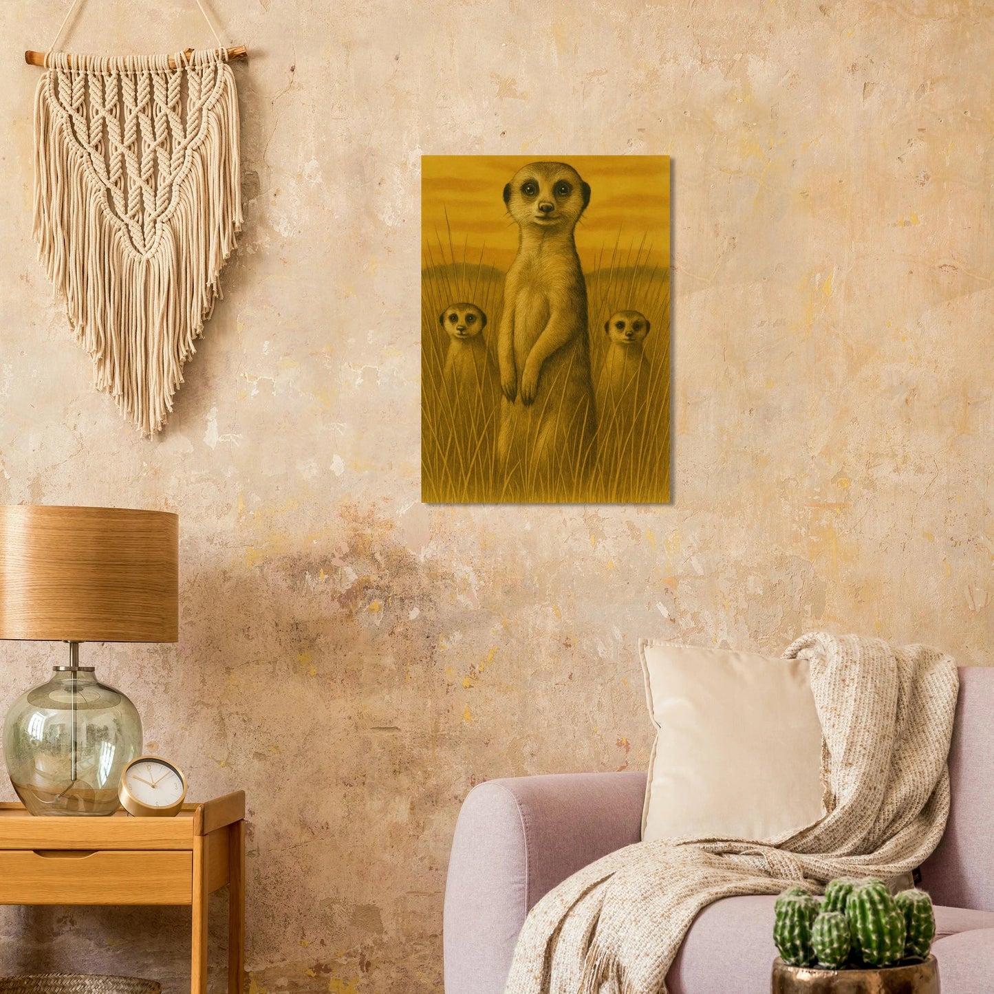 Vintage Safari Meerkat Family Art Print - Warm Ochre Tones Poster