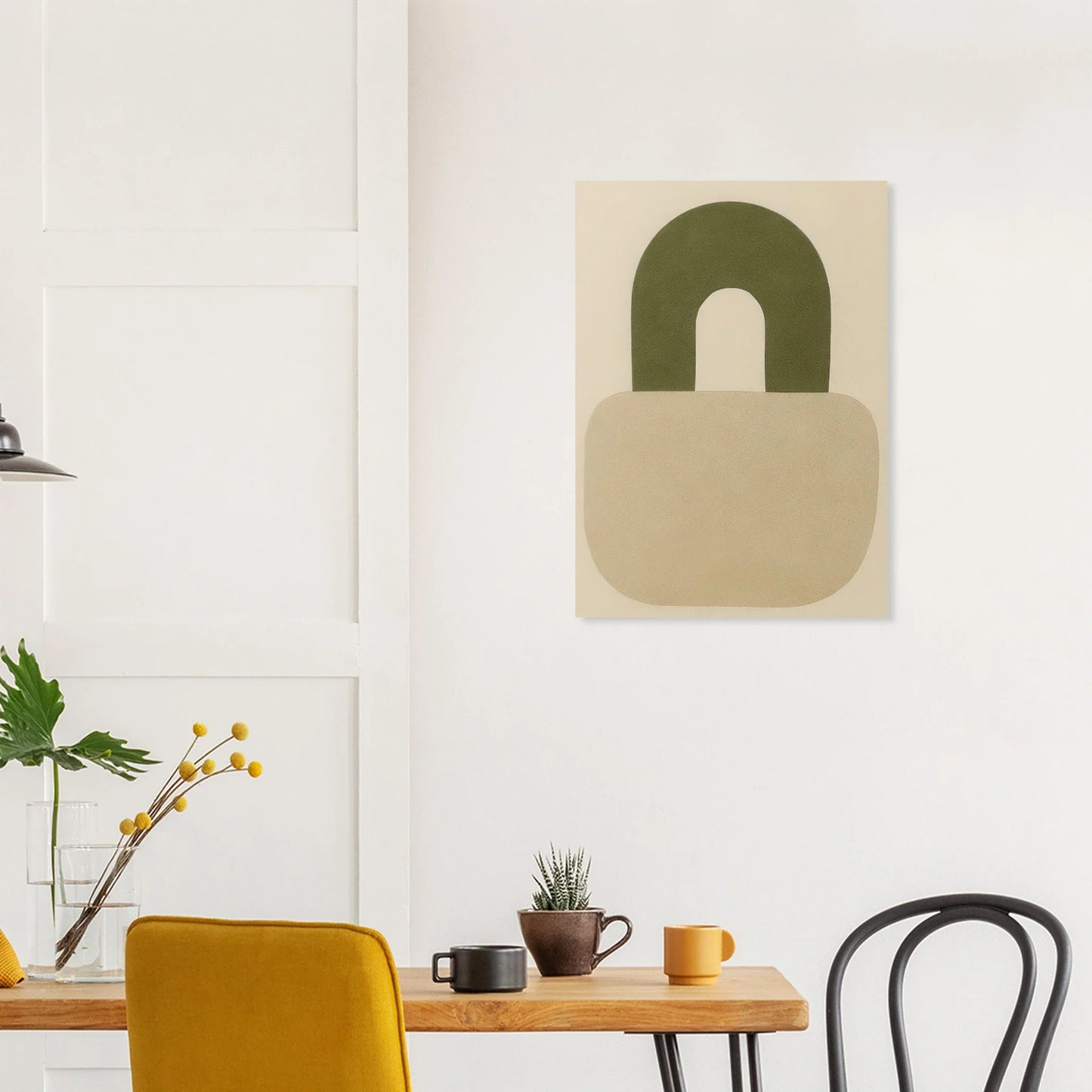 Abstrakt minimalistisk hänglåsdesign poster – Mjuk beige och armygrön väggkonst i premiumkvalitet