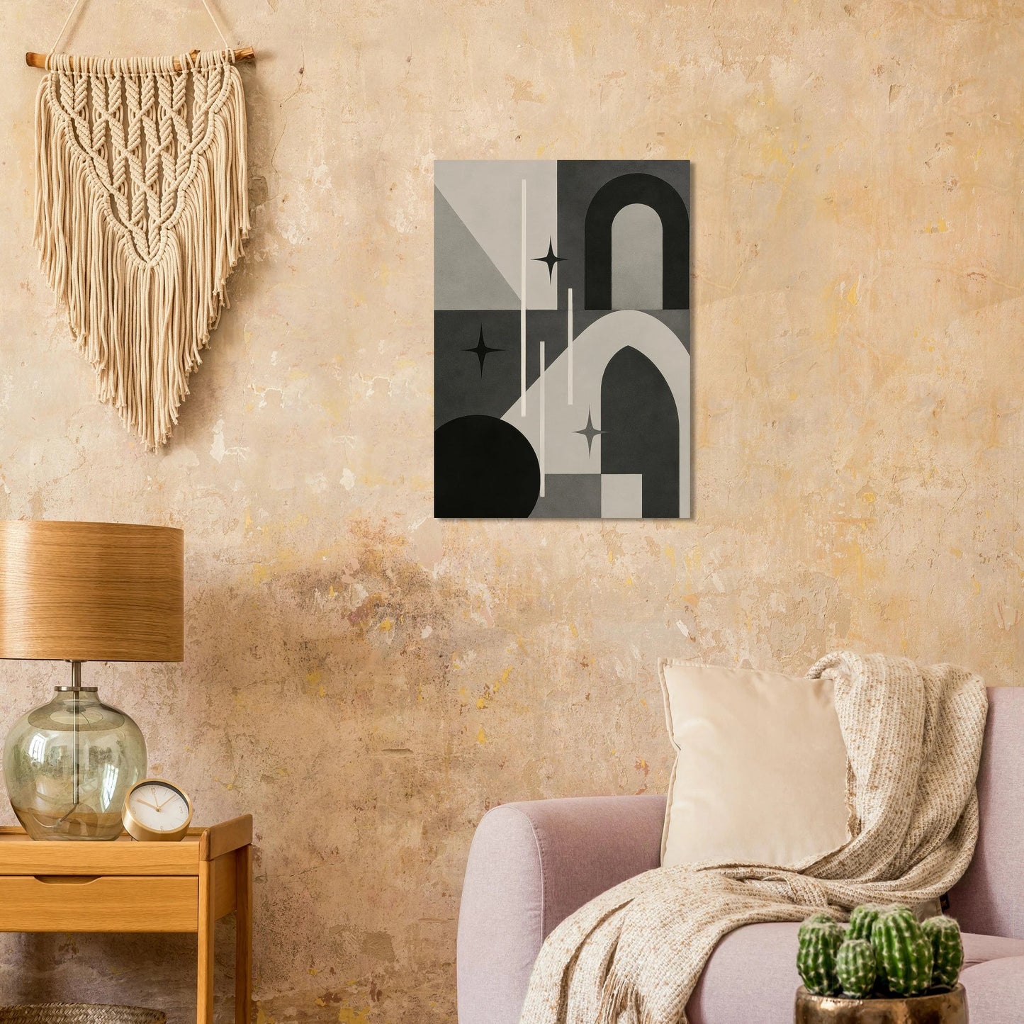 Minimalist Cosmic Abstraction Poster Print - Black, White & Grey Geometric Art