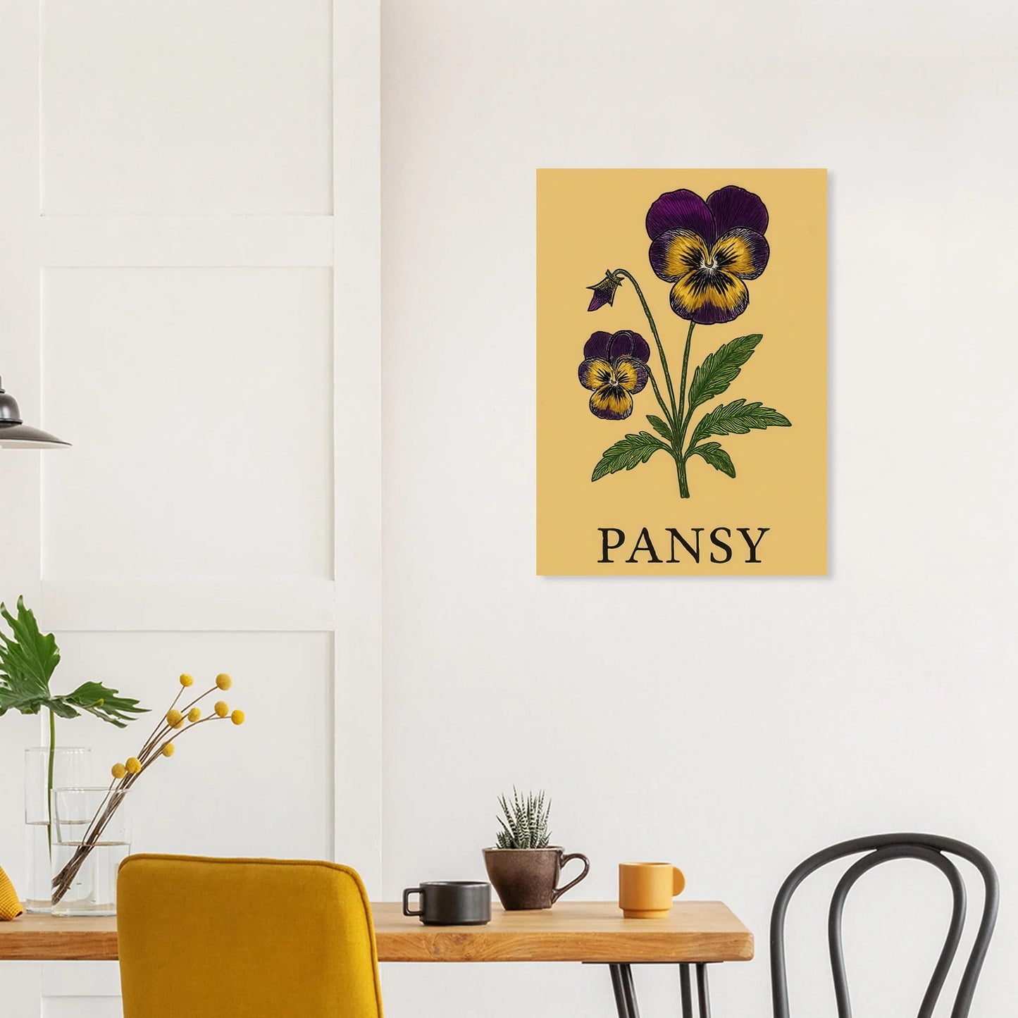Frukter: Levande Pensé Konsttryck – Växtillustration i Guld och Lila, perfekt för väggdekoration i ditt val av storlek