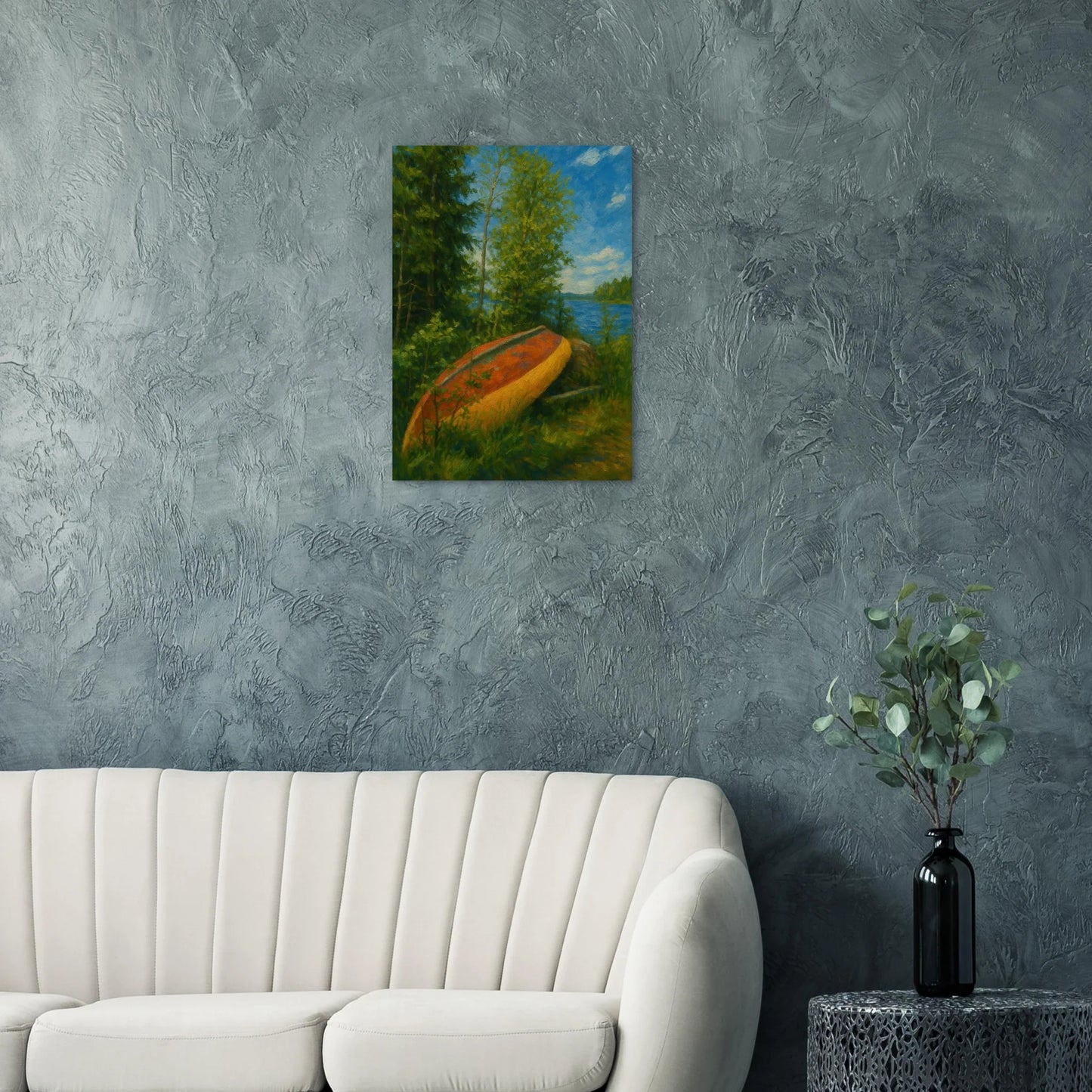 Rustic Lake Serenity: Impressionist Lakeside Canoe Art Print in Your Choice of 29 Sizes