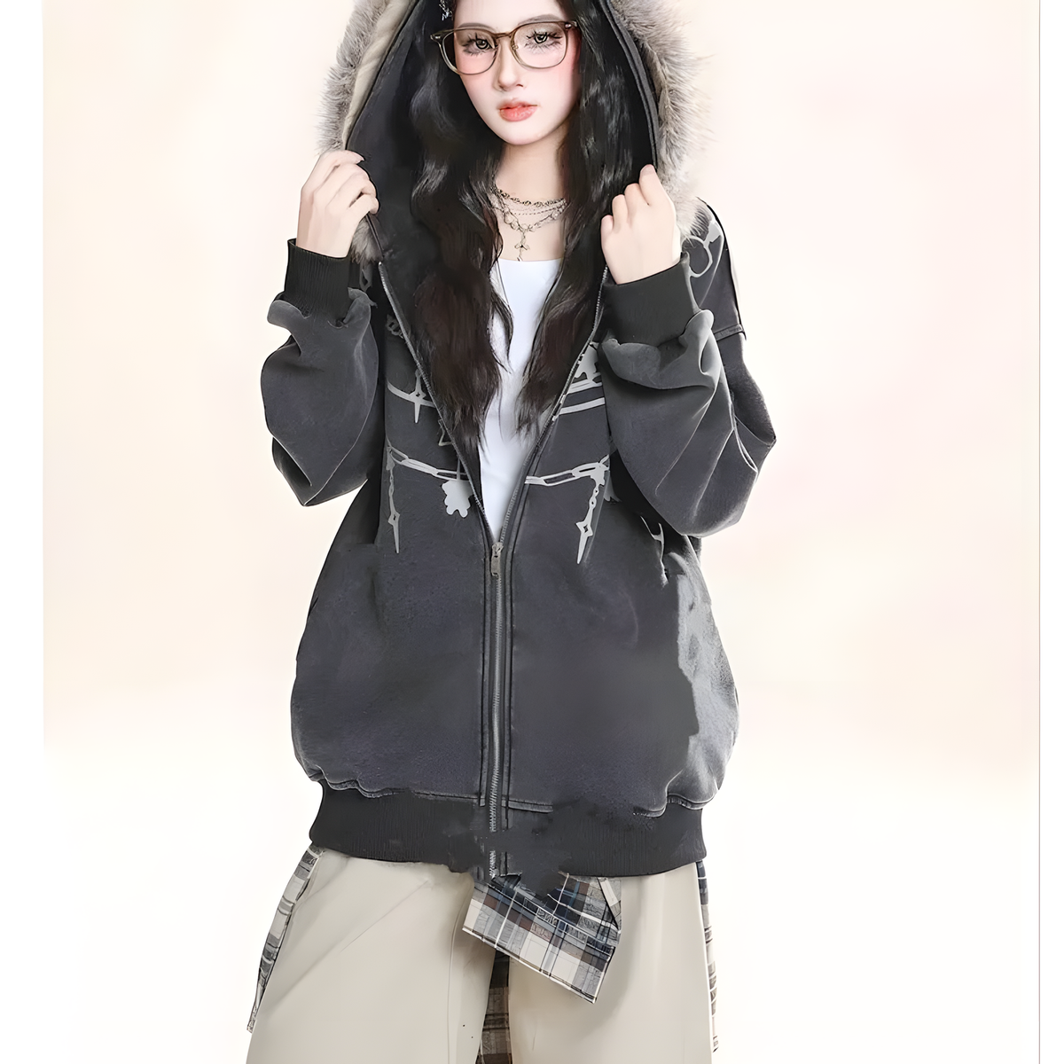 Plush-Collar Hooded Jacket
