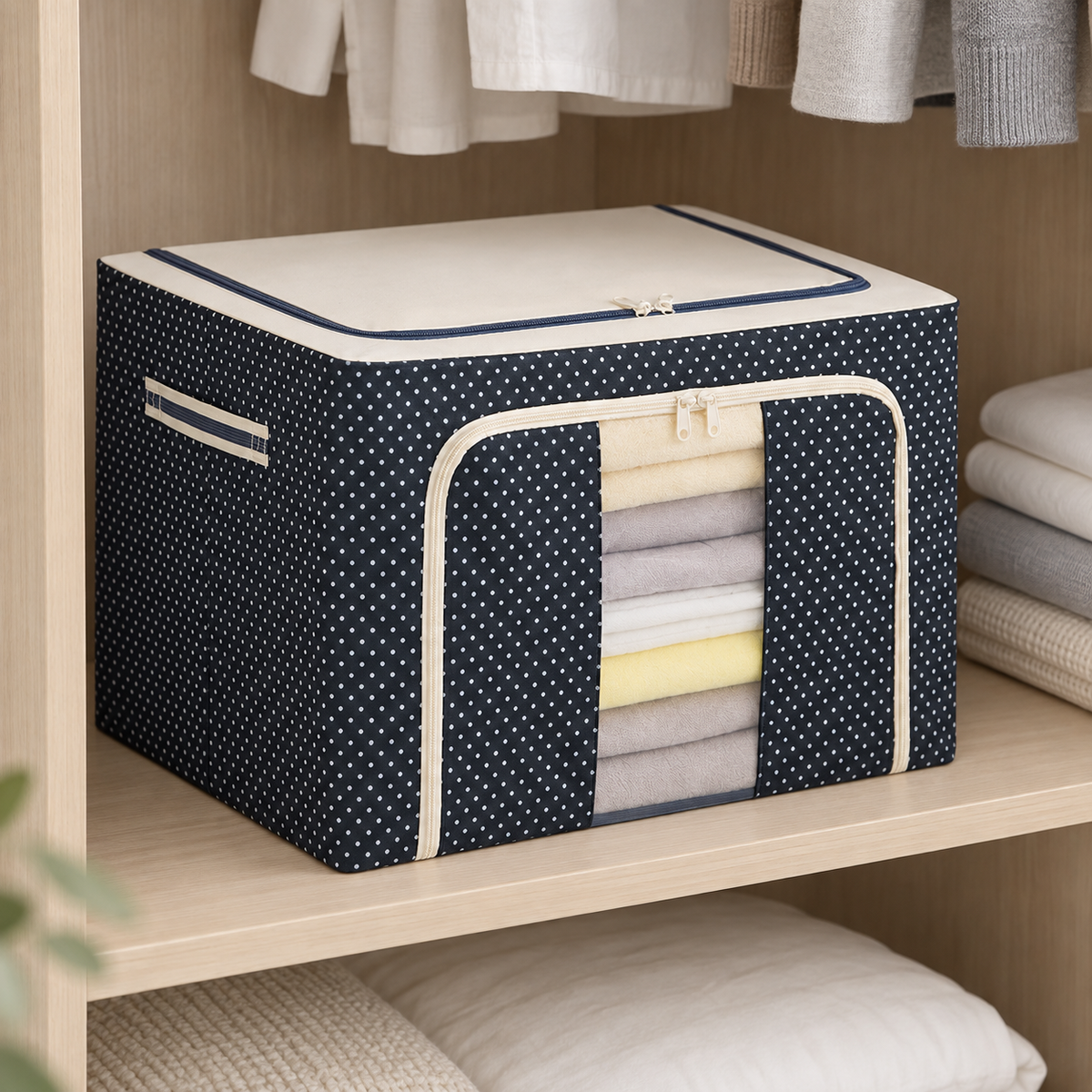 Steel-Frame Dotted Fabric Storage Box