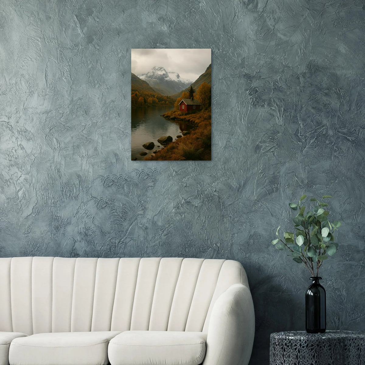 Red Cabin by the Lake: A Serene Autumn Mountain Landscape Poster
