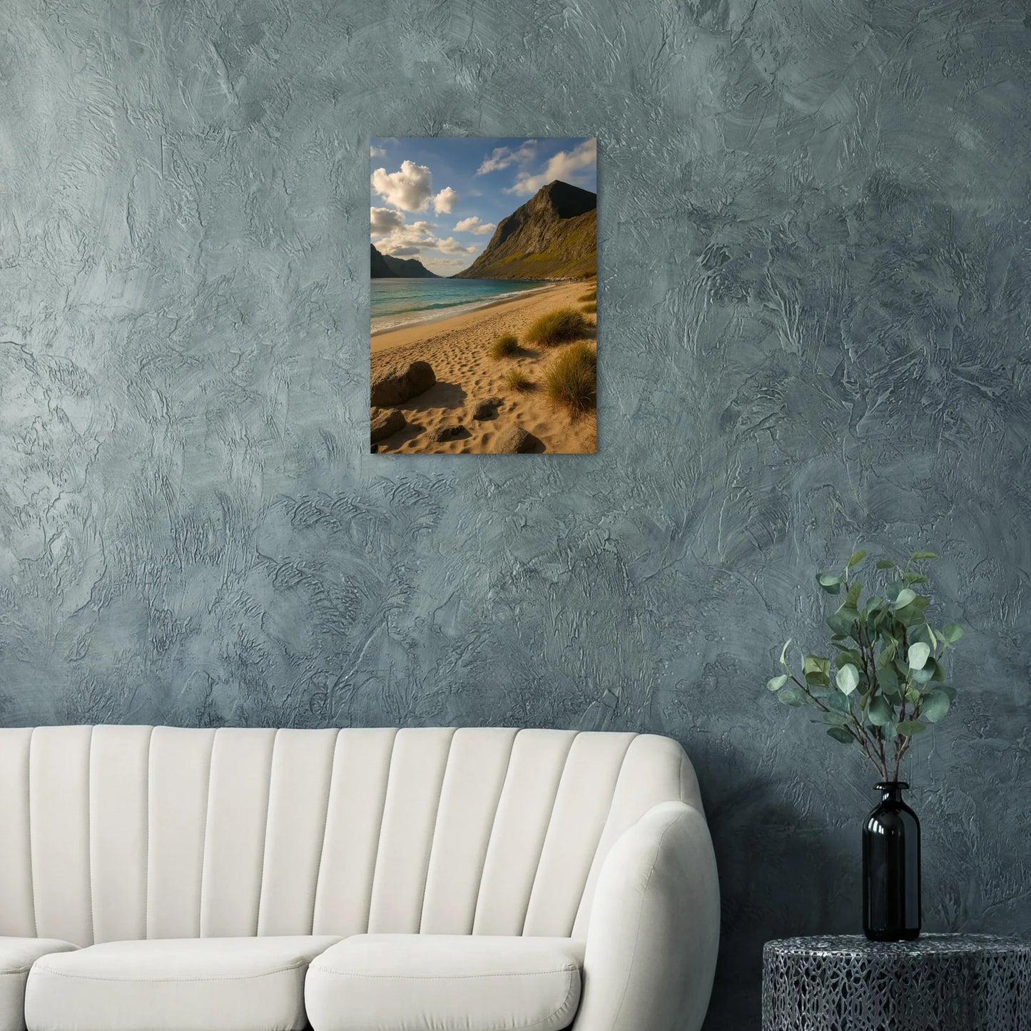 Serene Mountain Beach Horizon Poster – Coastal Beauty Print with Azure Waters & Golden Sand