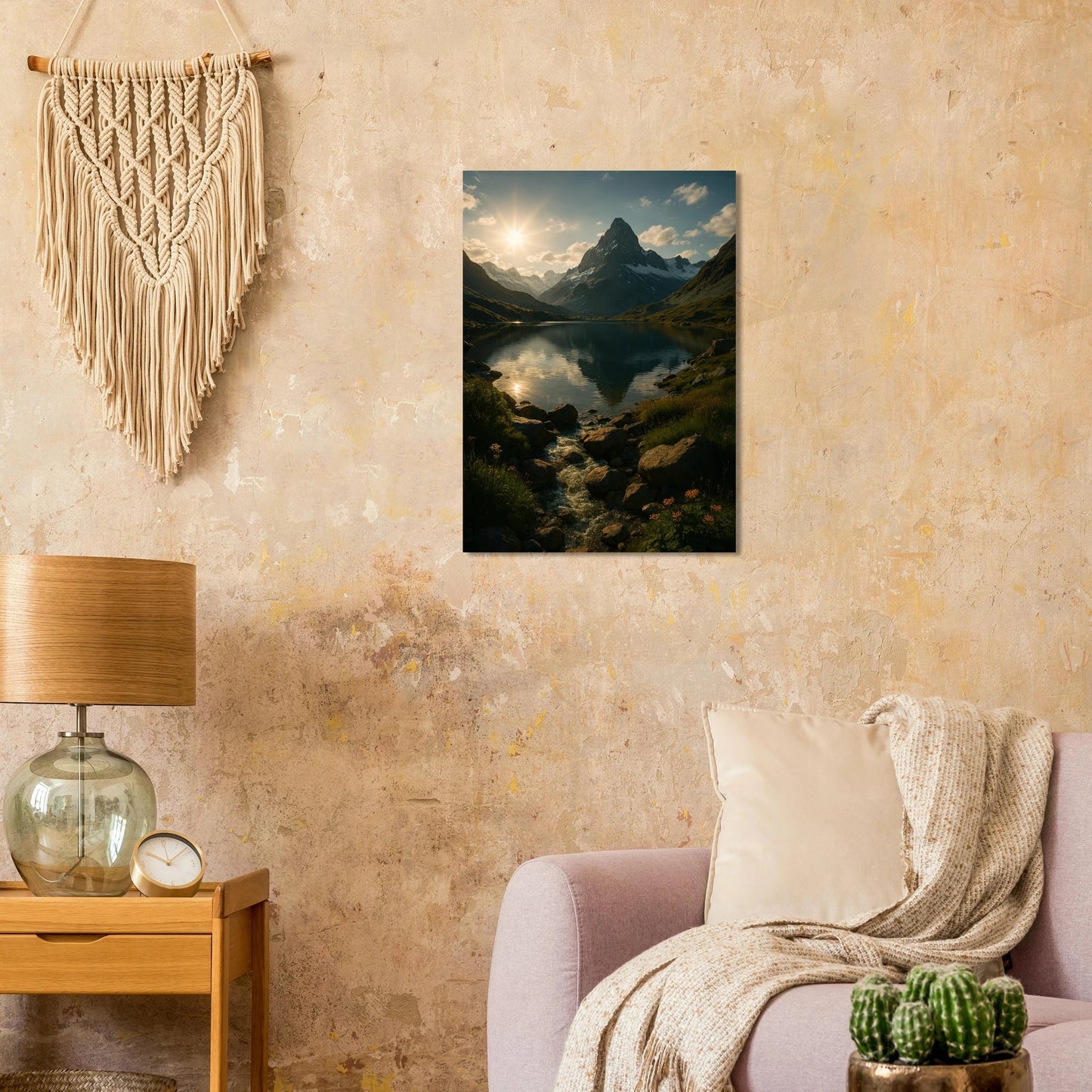 Alps Sunset Majesty: Serene Mountain Lake & Golden Light Poster in Various Sizes