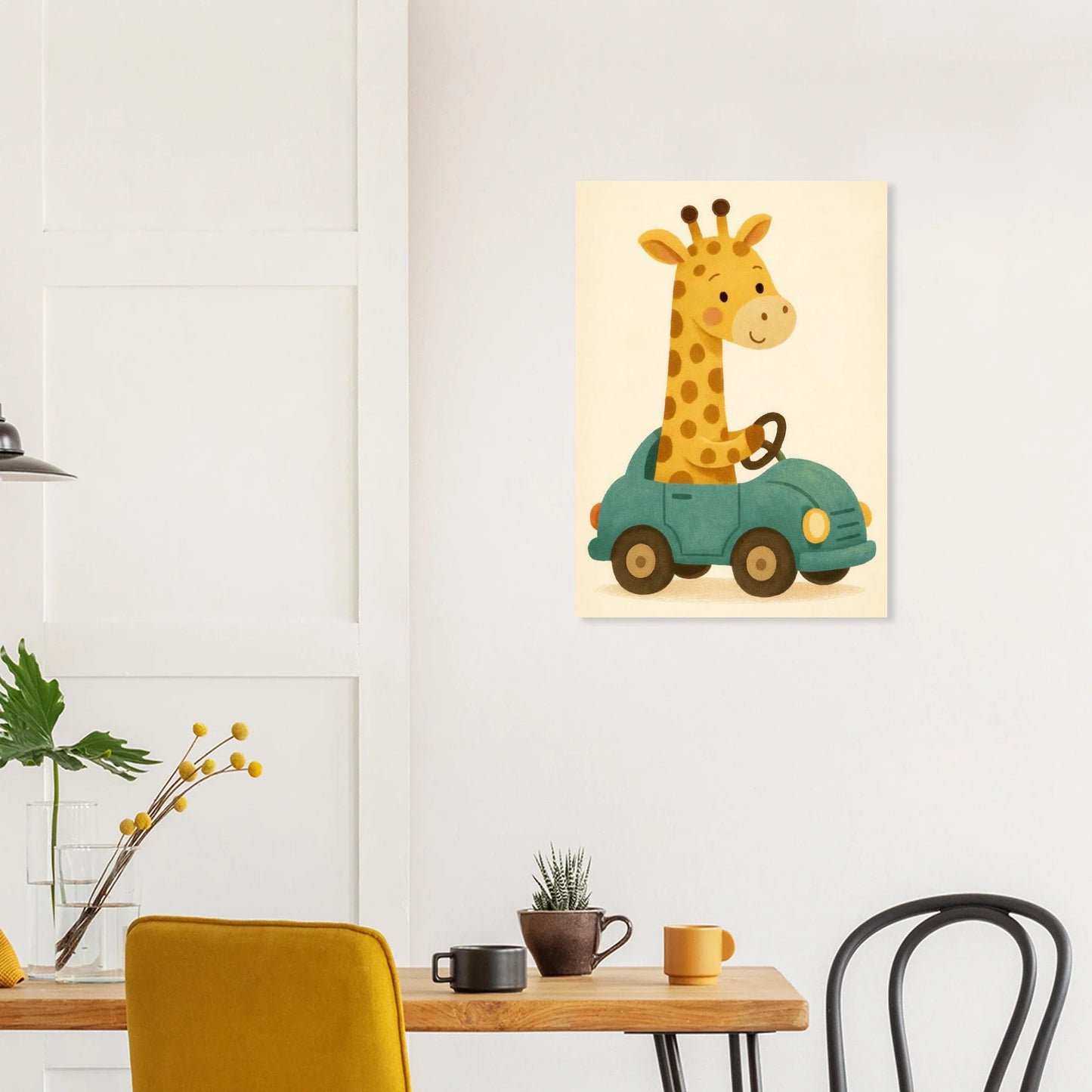 Söt Giraff i Bil – Lekfull Barnrumstavla