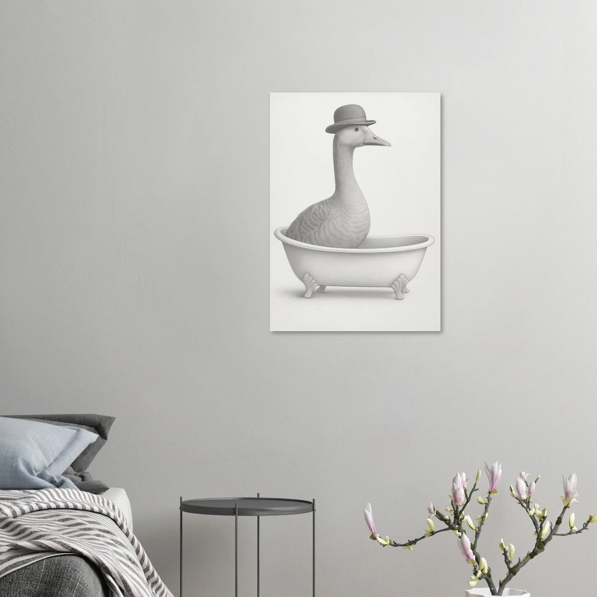Humorous Bowler Hat Duck in Bathtub Art Print – Whimsical, Unique Home Decor