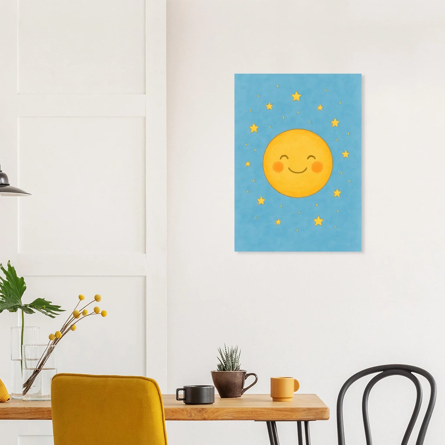 Dreamy Sky Moon & Stars Print | Whimsical Nursery Art | Soft Blue & Yellow Giclee Poster