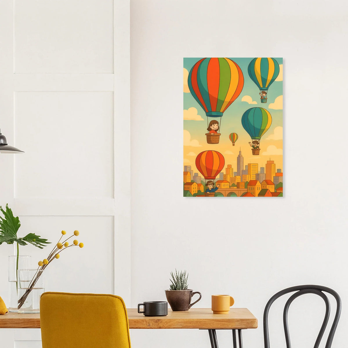 Barn: Whimsical Hot Air Balloon Cityscape Art Print – Elevate Your Space with Retro Charm