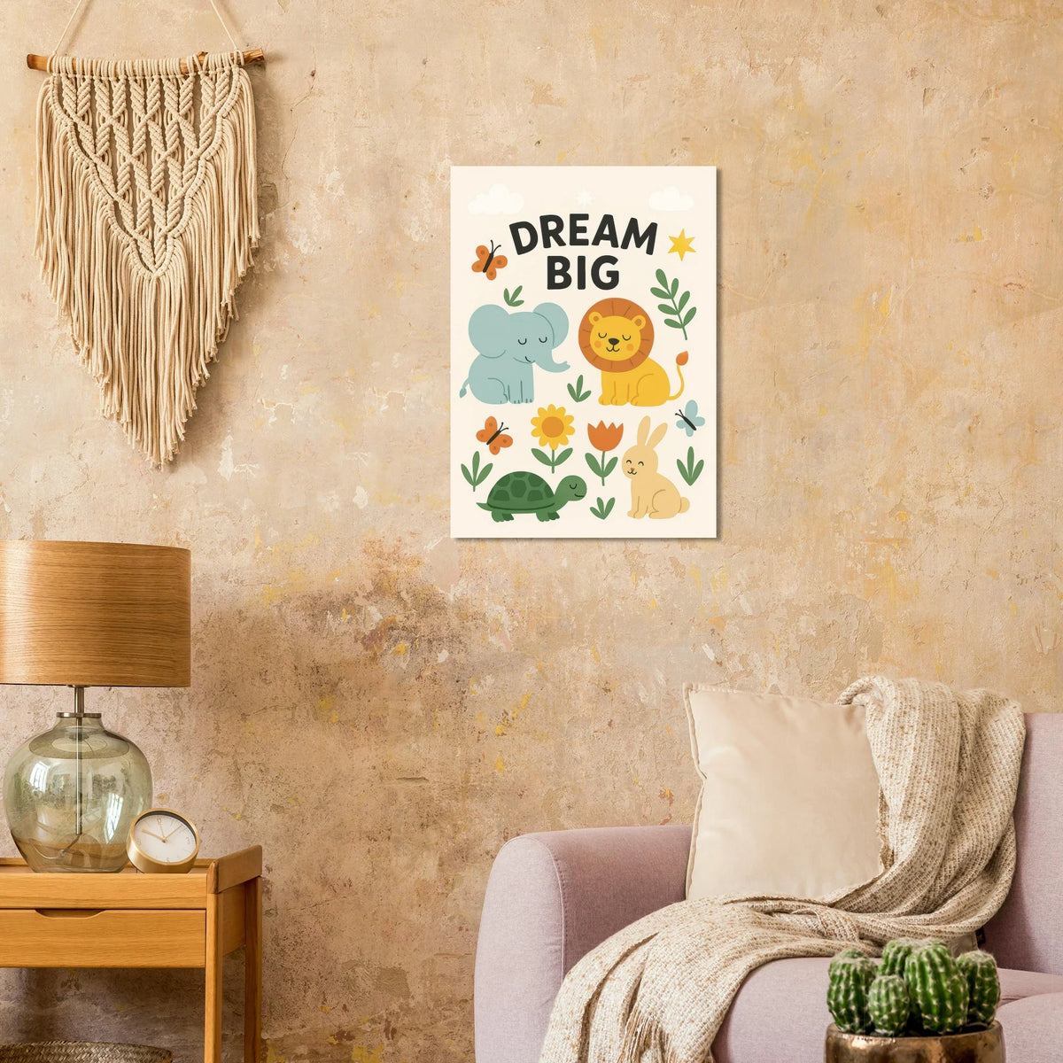 Dream Big Nursery Art Print - Whimsical Safari Animals & Uplifting Quote for Kids' Room Decor