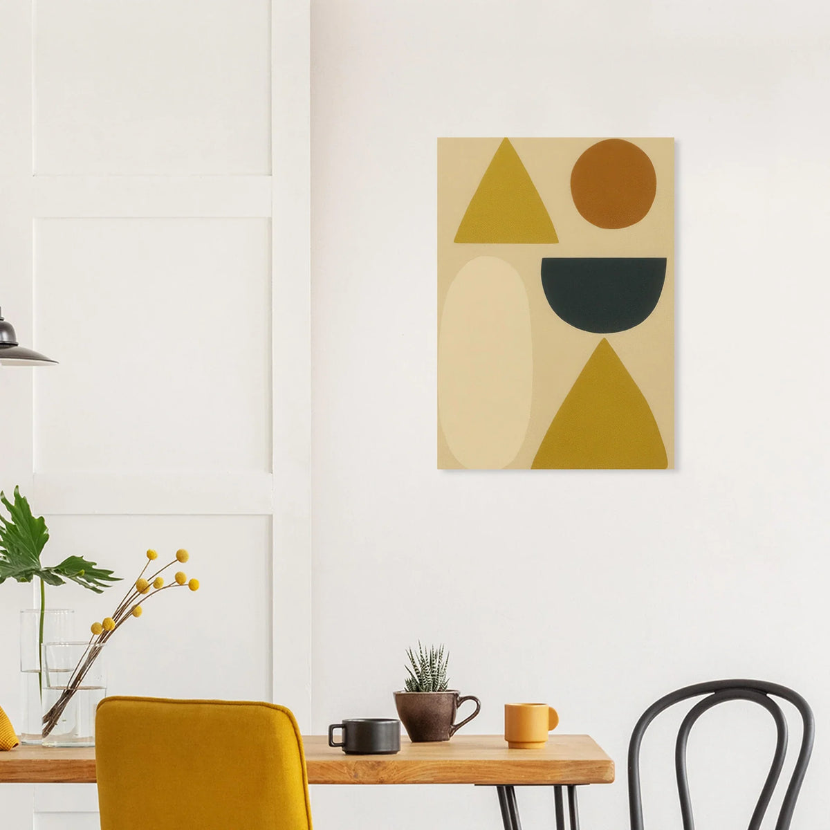 Abstrakt Minimalistisk Geometrisk Konsttryck – Gul, Svart & Rostfärgade Former på Halvblankt Premiumpapper