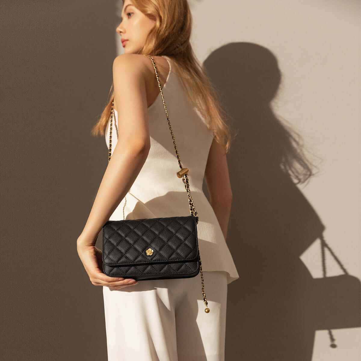 Black Quilted Bag with Golden Cylinder Chain Straps-4