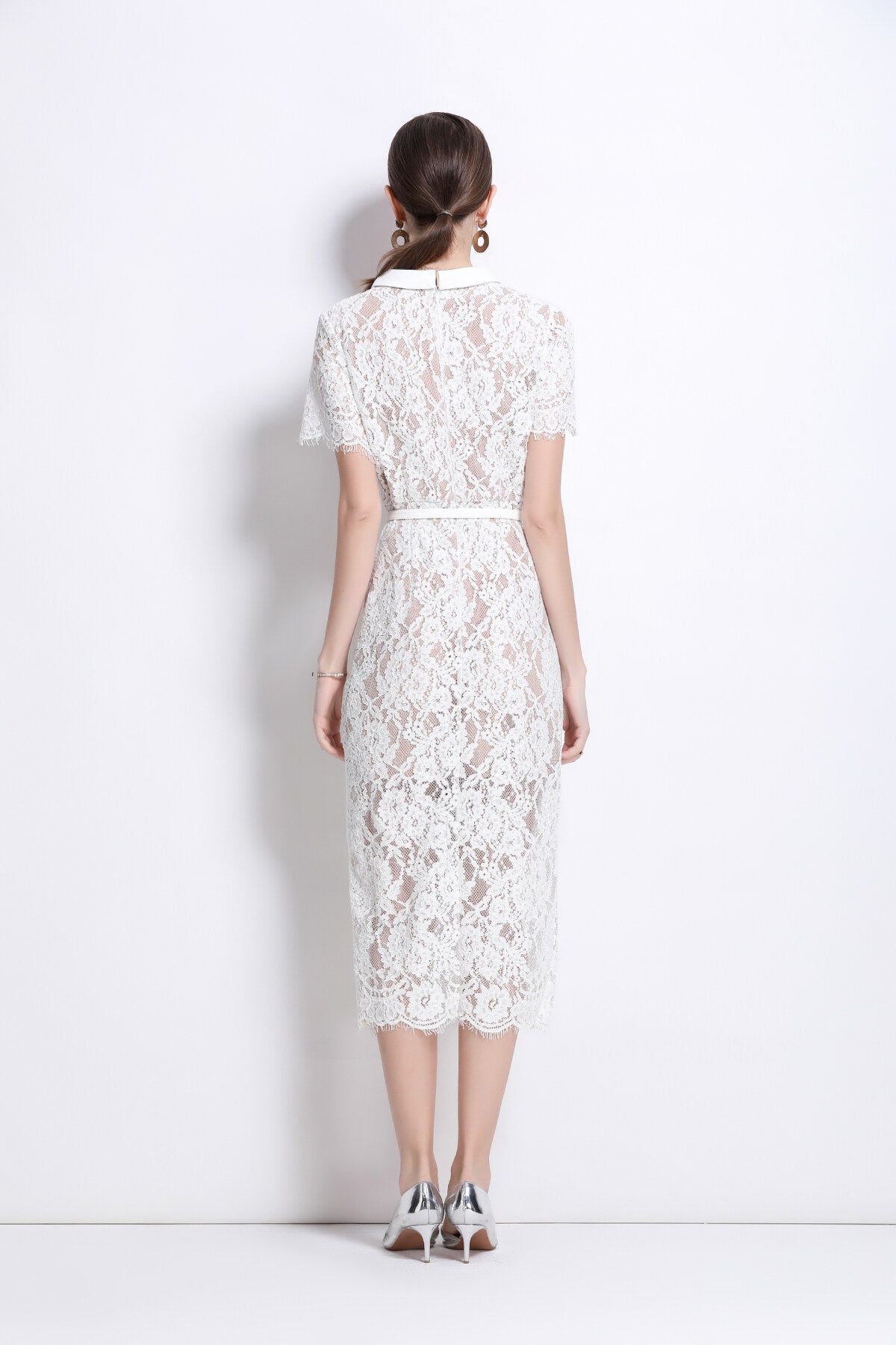 Blanca Slim Fit Round Neck Button Down Lace Dress-3