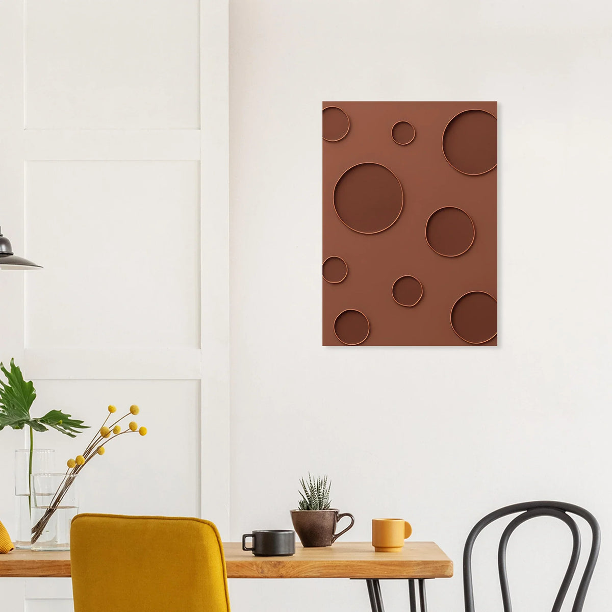 Minimalistiska cirklar abstrakt konsttryck – terrakotta och brons nyanser för en lugnande atmosfär