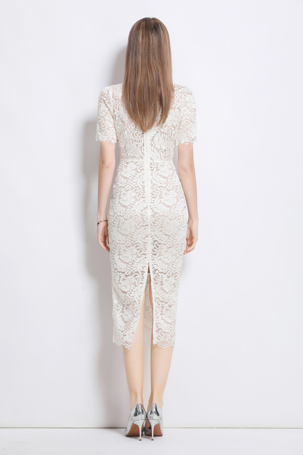 Donna Slim Fit White Lace Cut Out Dress with Inner Slip-3