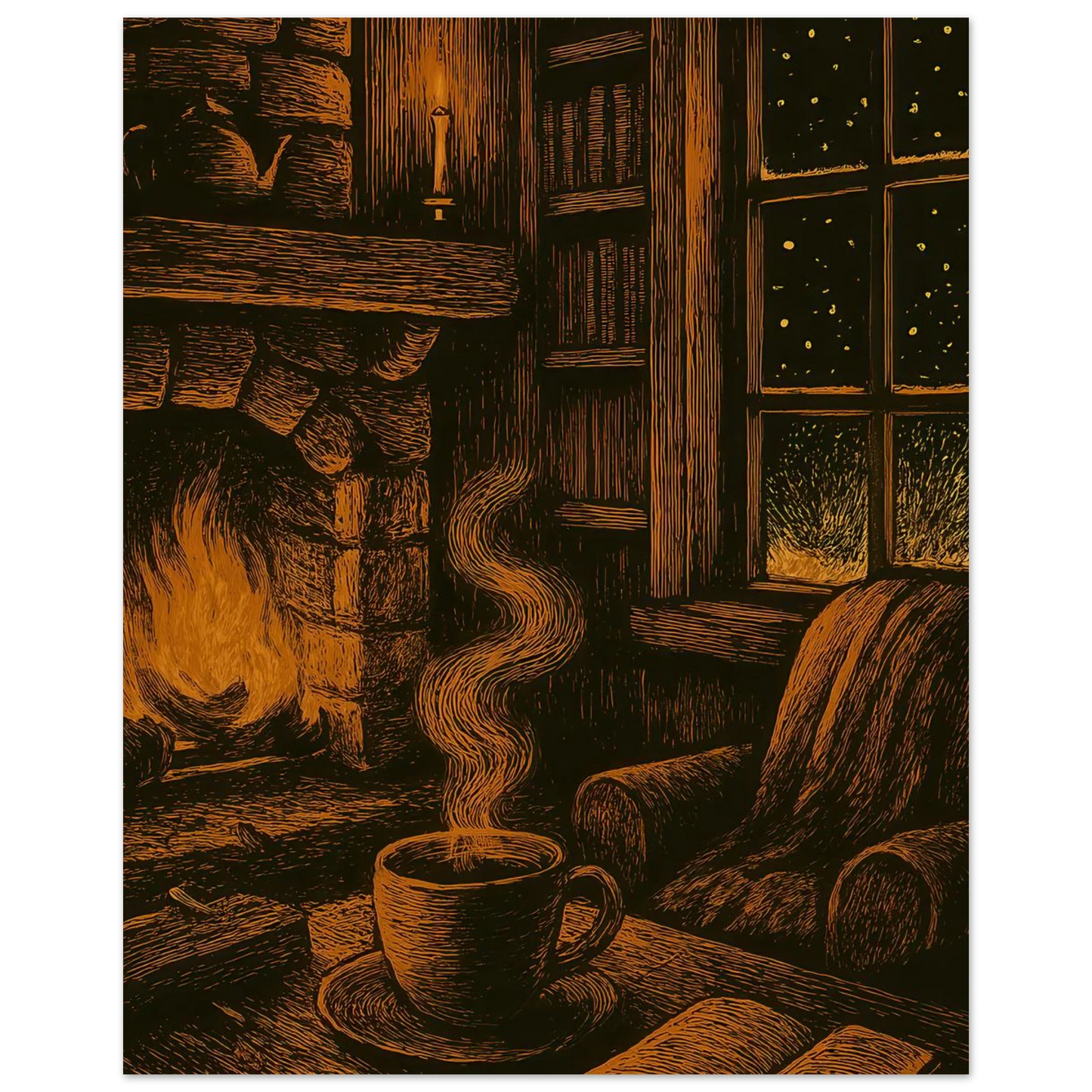 Cozy Winter Night Retreat Art Print - Hygge-Inspired Fireplace & Coffee Scene, Available in Multiple Sizes