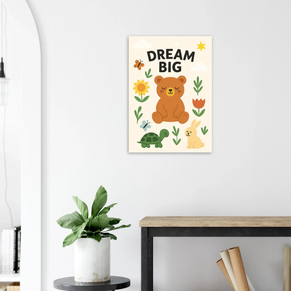 Dream Big Forest Friends Poster: Adorable Bear, Rabbit & Turtle Art Print for Kids' Rooms