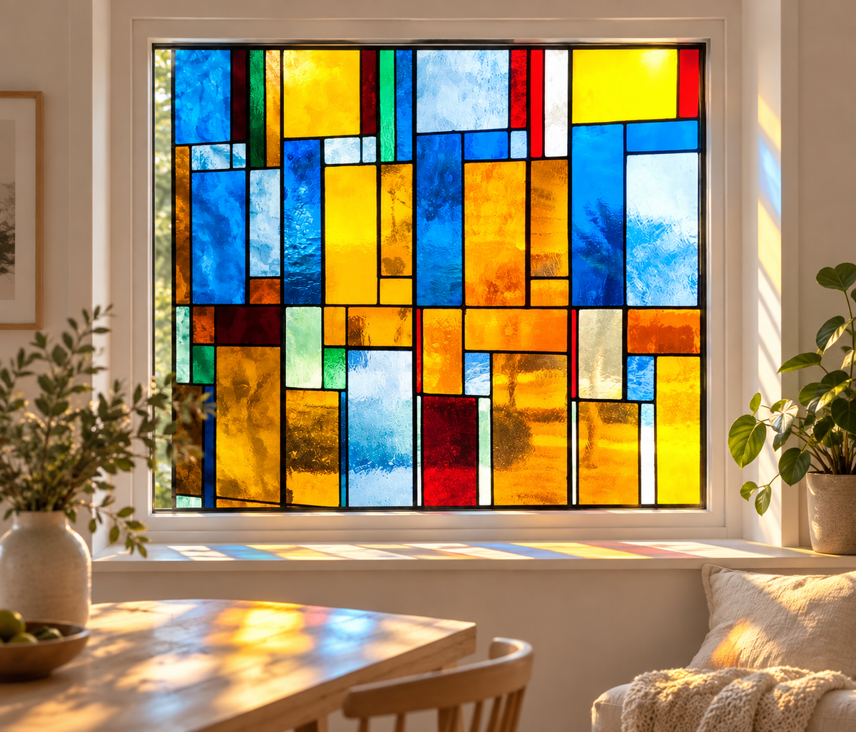 Fönsterfilm färgglad geometrisk blyinfattad glasdesign