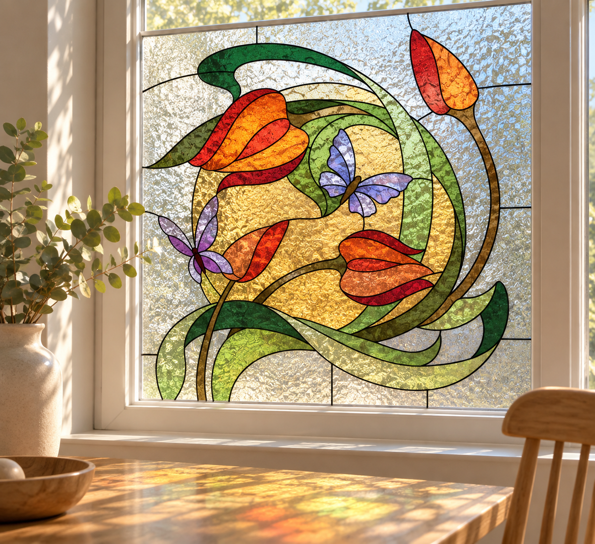 Fönsterfilm med färgstarka blommor och fjärilar i art déco-stil
