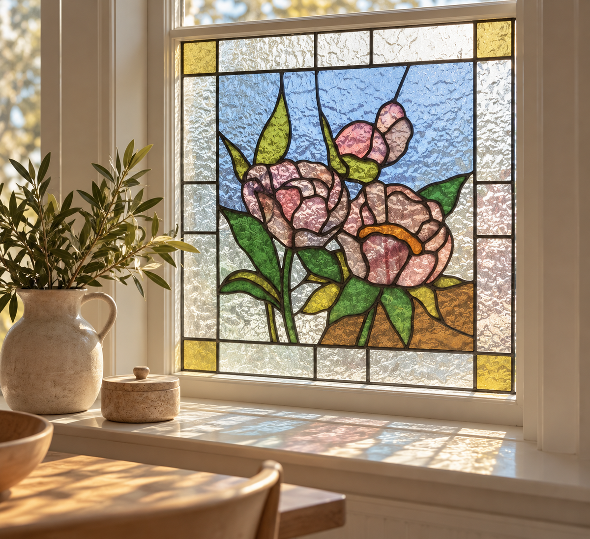 Fönsterfilm med rosa blommor i glasmosaikstil