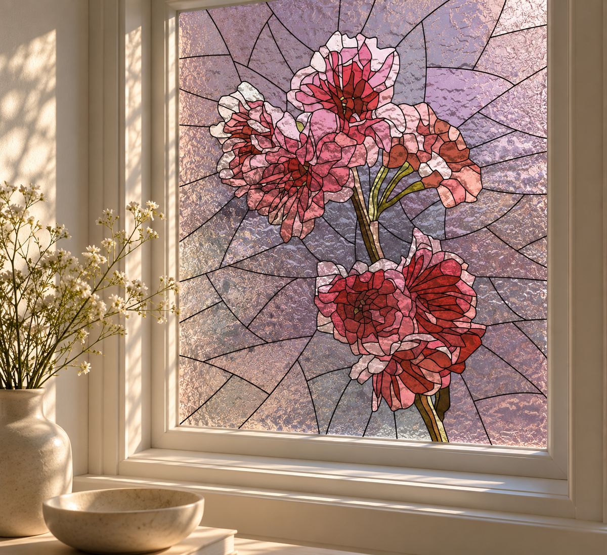 Fönsterfilm med rosa blommor i mosaikdesign
