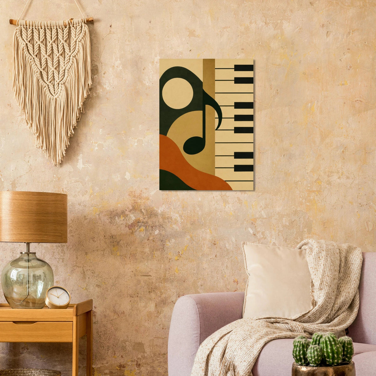 Retro Jazz Melodies Poster – Abstract Music Art Print with Piano Keys & Notes in Warm Earth Tones