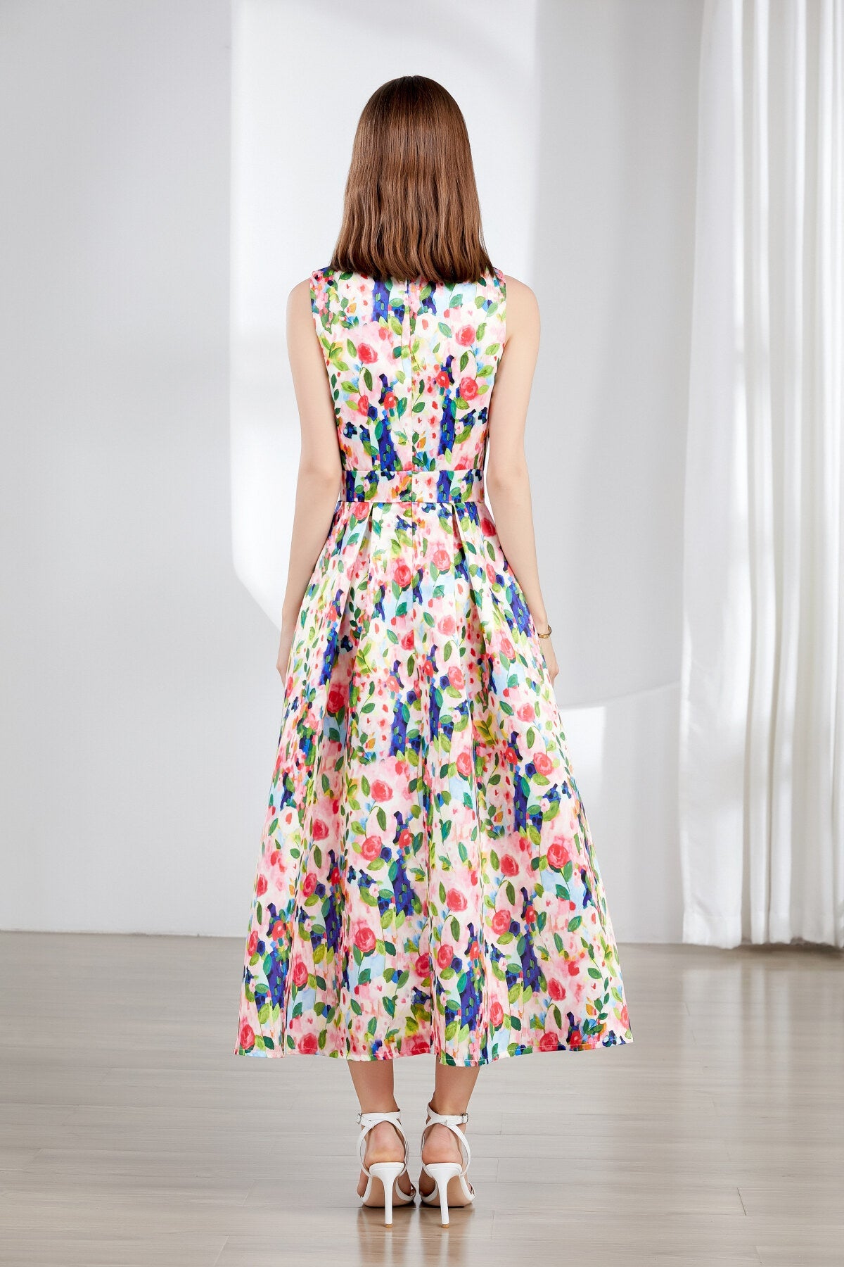 Floral Sleeveless Boatneck Flared A Line Midi Dress-3