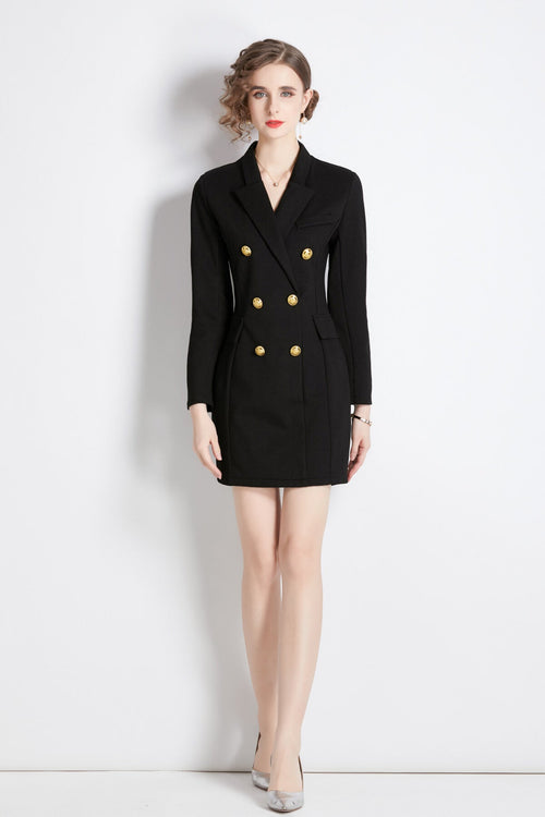Gold Double Breasted Little Black Blazer Dress-0
