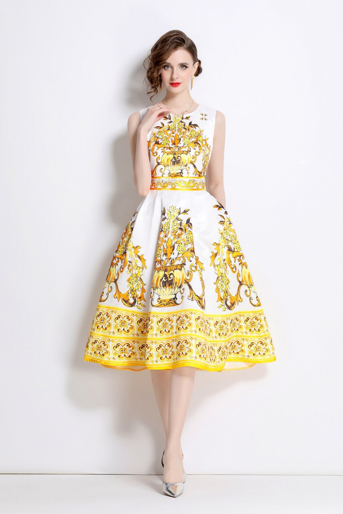 Oriental Printed Slim Fit Midi Dress-5