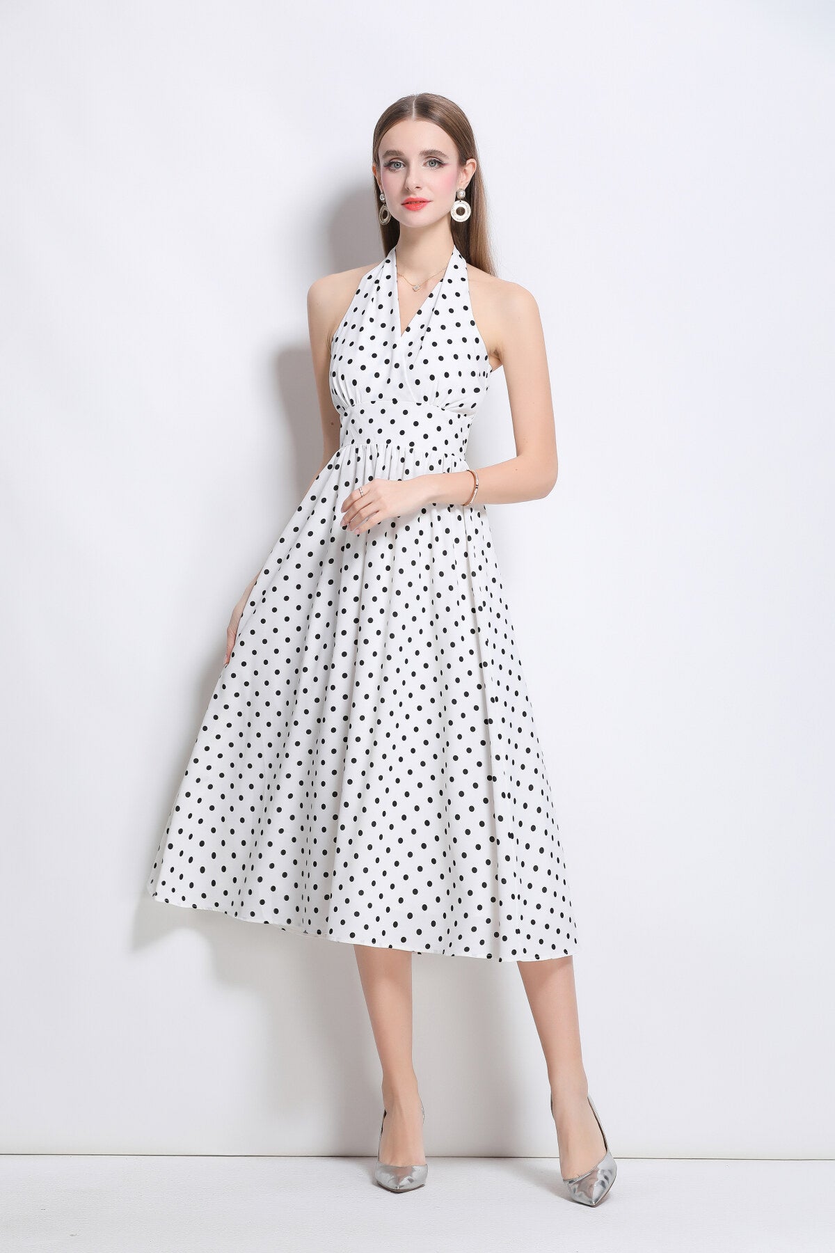 Vintage Halter Polka Dot Sleeveless Fitted Maxi Dress-5