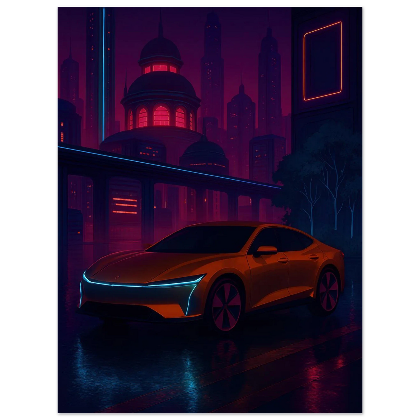 Neon Nightdrive: Futuristisk Bil i Cyberpunk Stadsbild Affisch – Konstavtryck med Livfulla Färger
