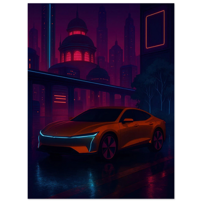 Neon Nightdrive: Futuristisk Bil i Cyberpunk Stadsbild Affisch – Konstavtryck med Livfulla Färger