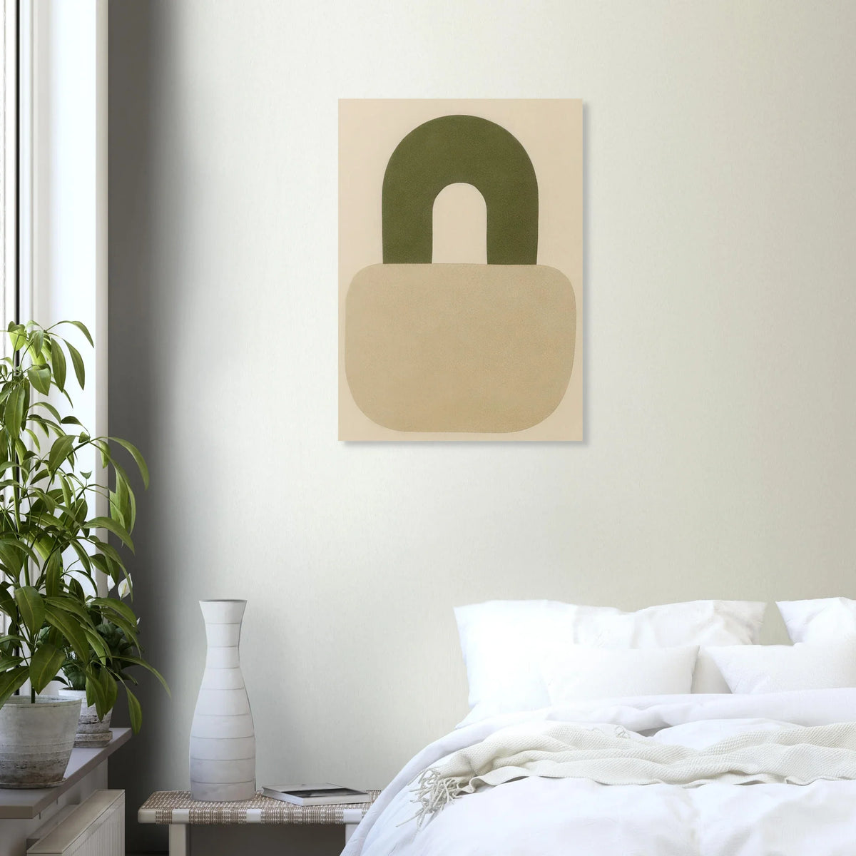 Abstrakt minimalistisk hänglåsdesign poster – Mjuk beige och armygrön väggkonst i premiumkvalitet