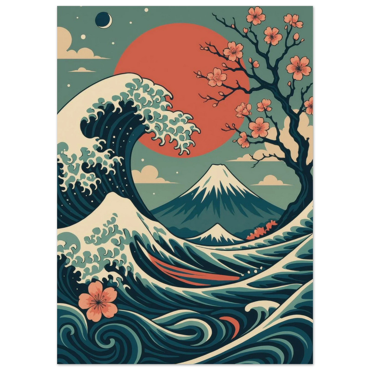 Japansk Vågor & Körsbärsblom Poster - Ukiyo-e Konsttryck i Levande Färger