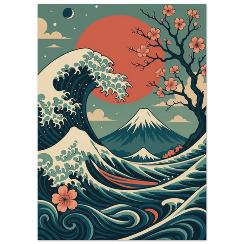 Japansk Vågor & Körsbärsblom Poster - Ukiyo-e Konsttryck i Levande Färger