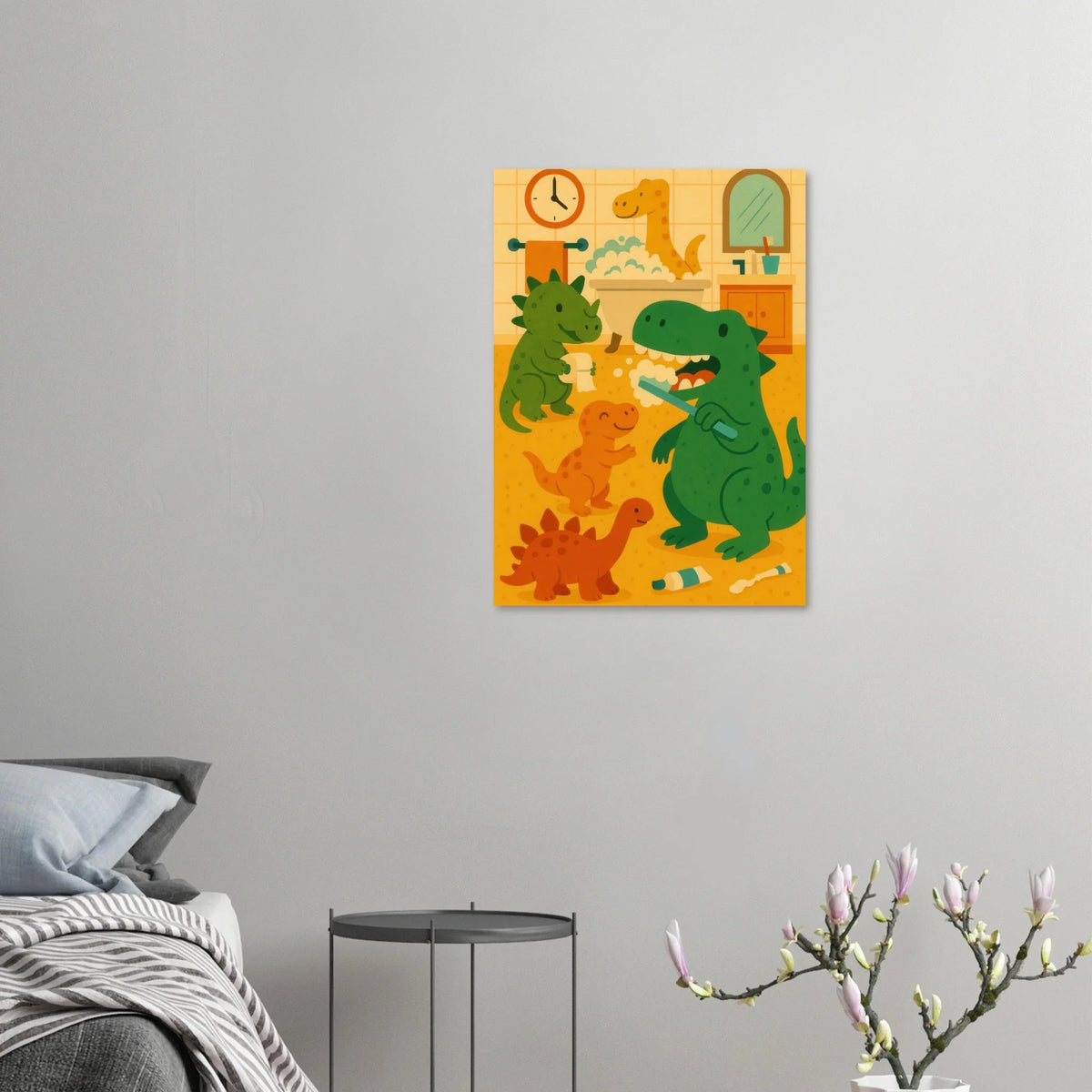 Lekfull Dino Badrum Konsttryck – Låt Fantasin Flöda med Söta Dinosaurier, Tillgänglig i Flera Storlekar