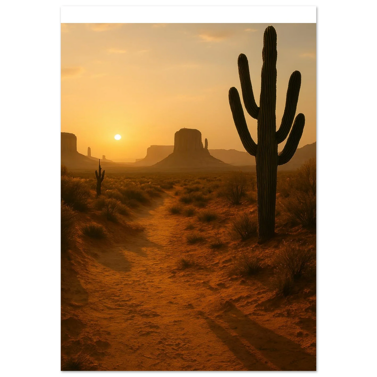 Desert Sunset Majesty: Vibrant Saguaro & Butte Landscape Poster in Multiple Sizes