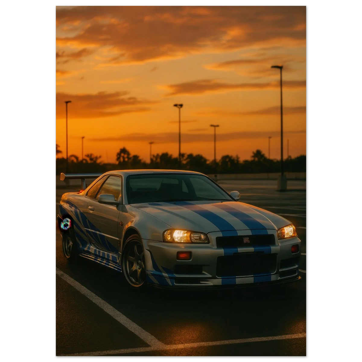 Iconic Skyline GTR Sportbil Konstaffisch – Fånga Fartens Själ i Solnedgången
