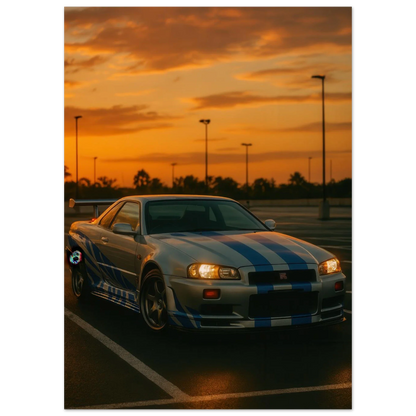 Iconic Skyline GTR Sportbil Konstaffisch – Fånga Fartens Själ i Solnedgången