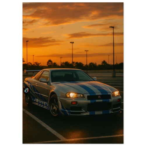 Iconic Skyline GTR Sportbil Konstaffisch – Fånga Fartens Själ i Solnedgången