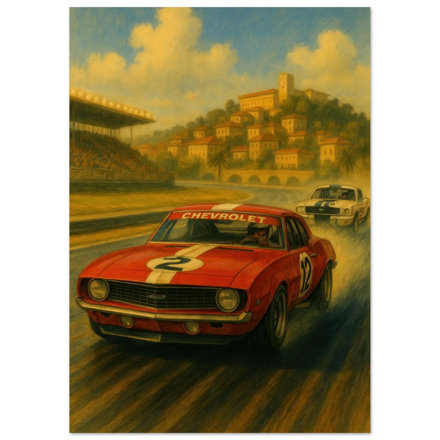 Vintage Race Day: Classic Red Sports Car Art Print – Bilar