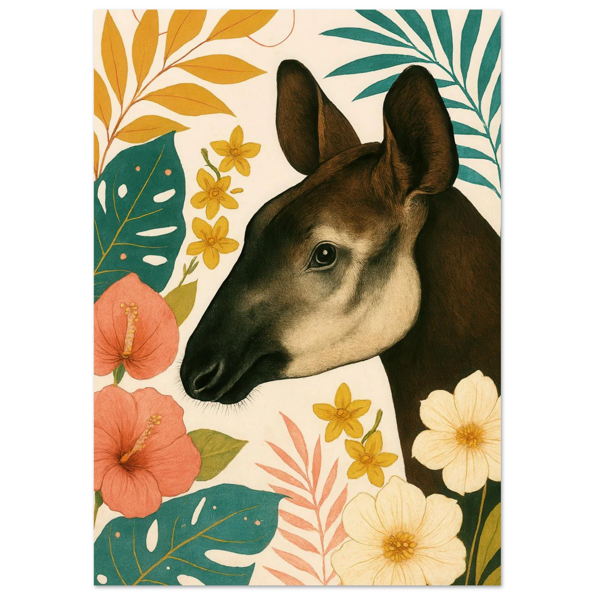 Djur: Okapi i Tropisk Flora Konsttryck - Halvblank Premium Affisch i Flera Storlekar