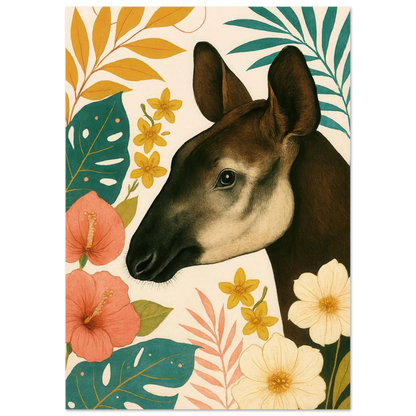 Djur: Okapi i Tropisk Flora Konsttryck - Halvblank Premium Affisch i Flera Storlekar