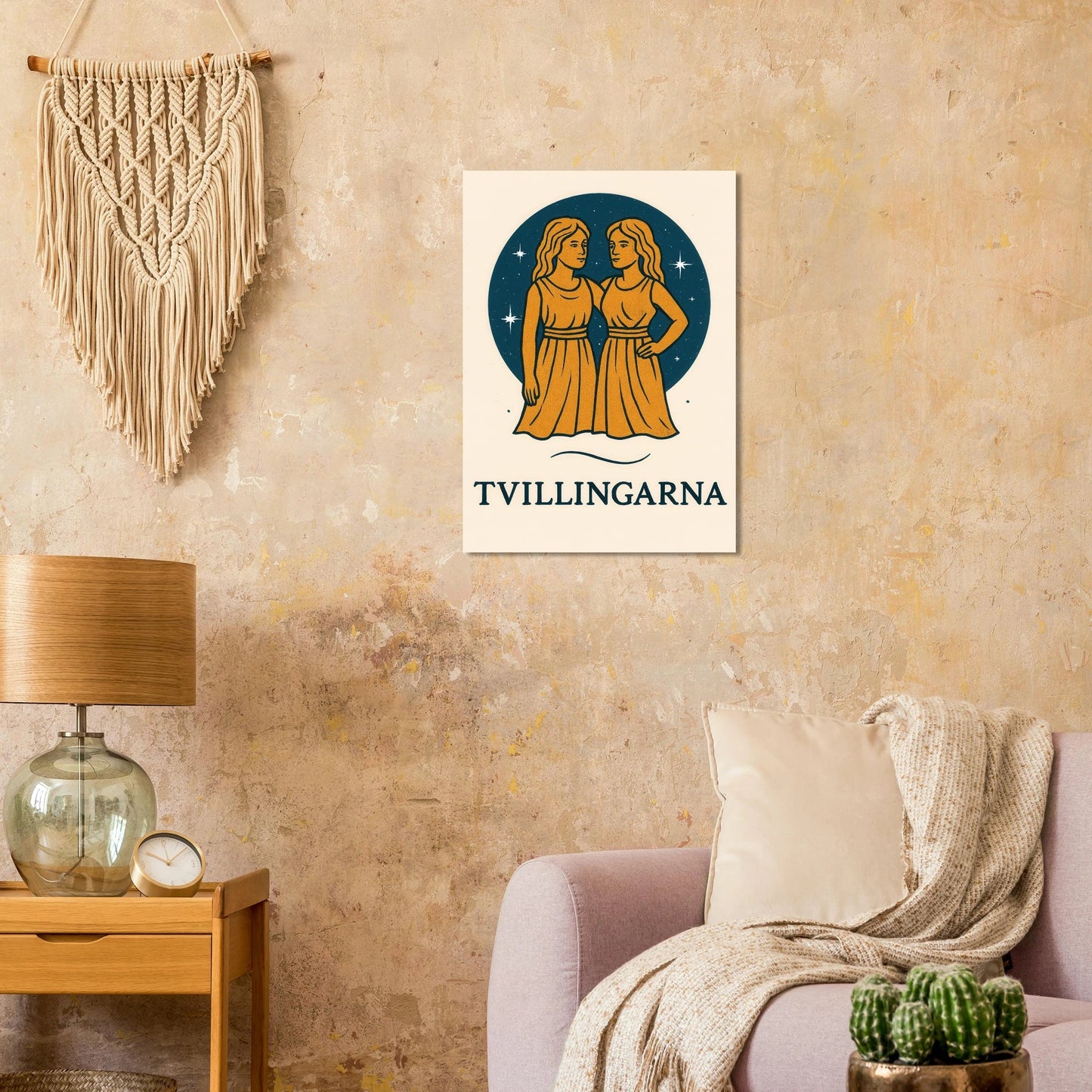 Tvillingarna Zodiac Konsttryck – Gulblå Retro Astrologisk Design Affisch