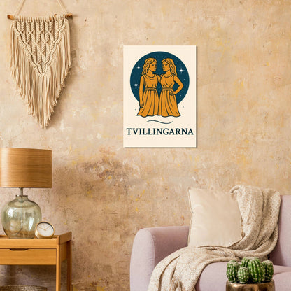 Tvillingarna Zodiac Konsttryck – Gulblå Retro Astrologisk Design Affisch