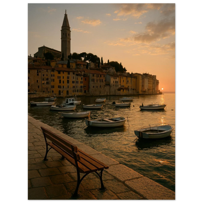 Golden Hour Coastal Town Sunset Poster – Vivid Seascape Art Print in Your Choice of 29 Sizes