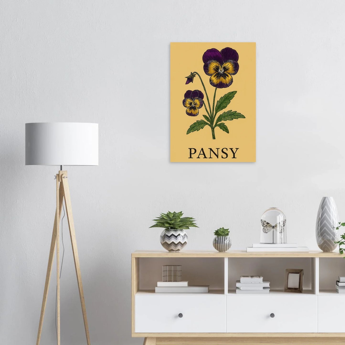 Frukter: Levande Pensé Konsttryck – Växtillustration i Guld och Lila, perfekt för väggdekoration i ditt val av storlek