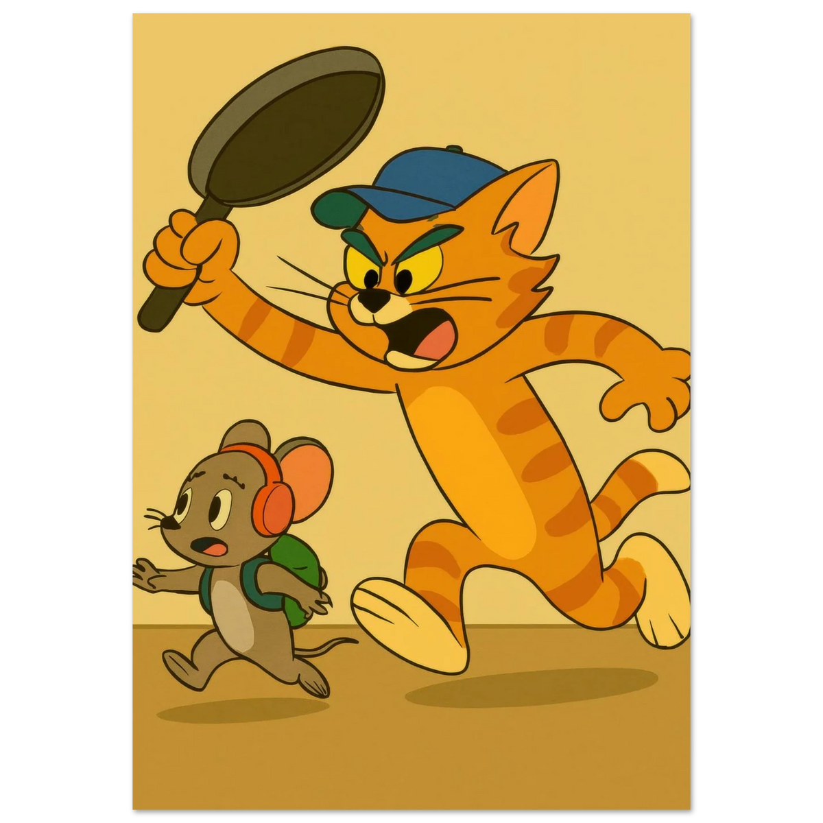Katt Poster – Katt Jagar Mus med Stekpanna | Premium Halvblankt Papper